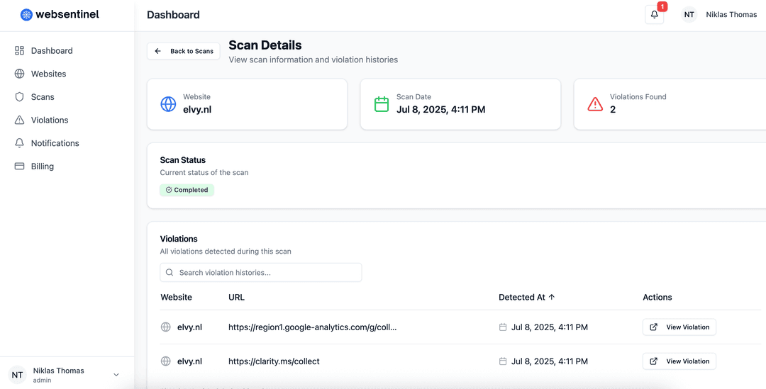 Websentinel Scan Screenshot